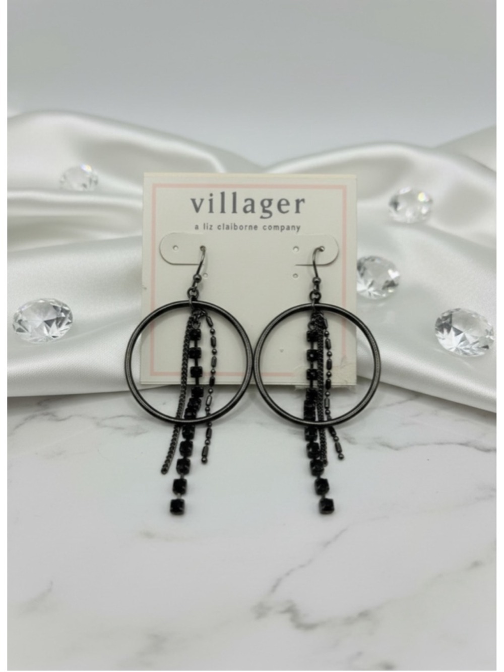 Villager Liz Claiborne Black Hoop Dangle Earrings Chain Fringe Beaded Statement